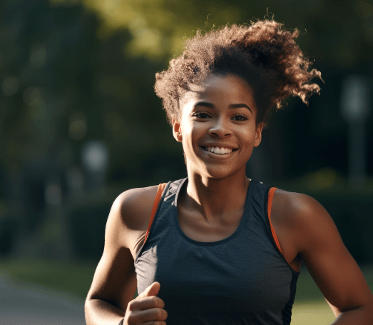 A young woman jogging in a park.