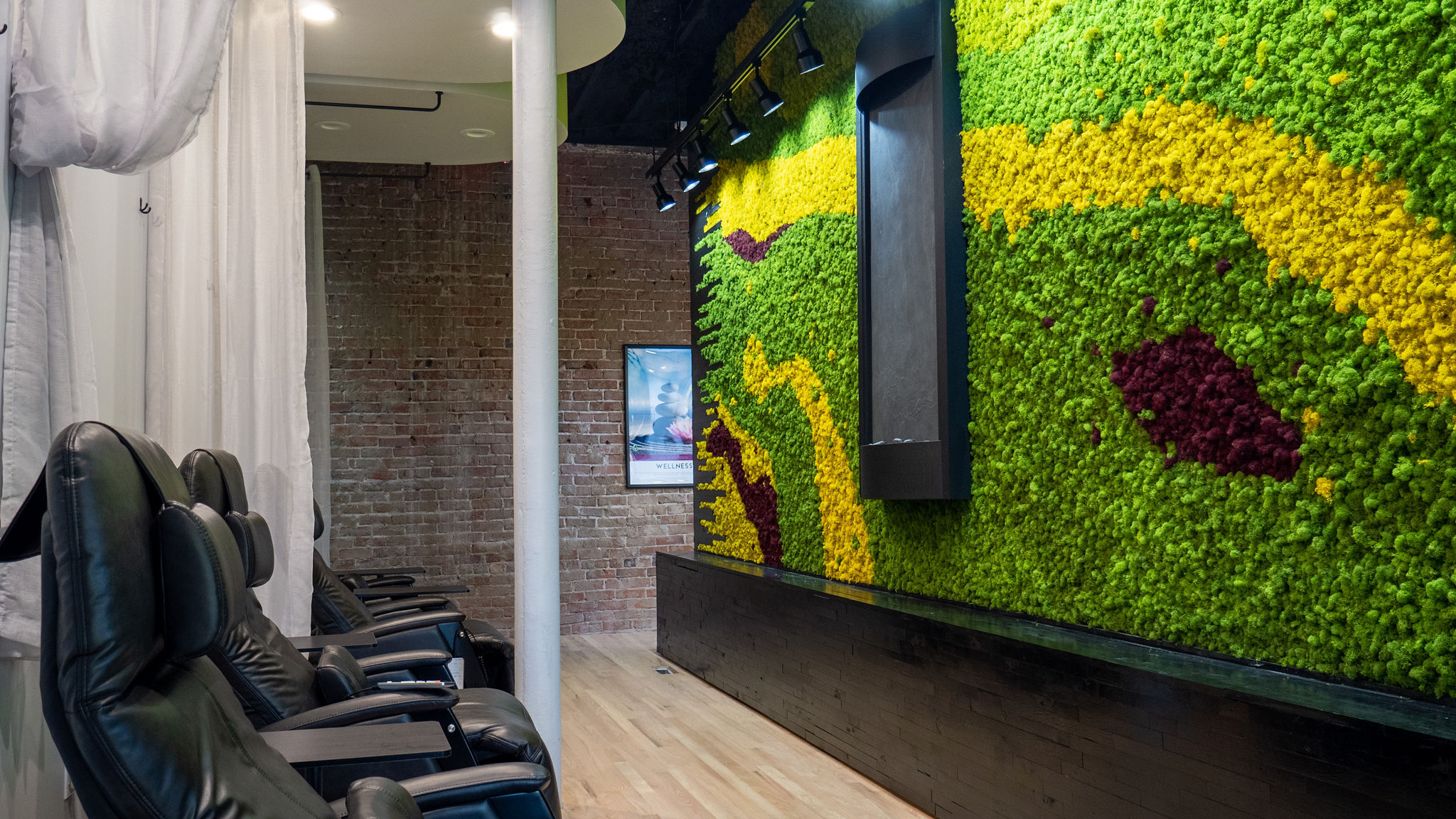 A room with a wall of plants and nutritional IV therapy services available.